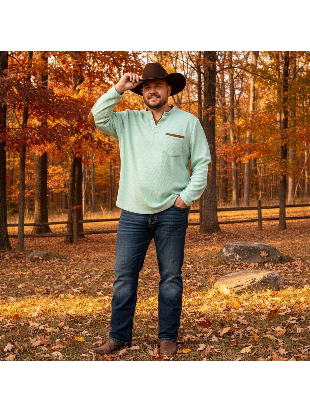 1833 - Ouku Men's LS Mint Green Waffle Knit Shirt w/ Brown Elbow- Size L - NWT